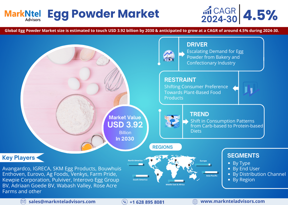 Unveiling the Future: Egg Powder Market to USD 3.92 BILLION BY 2030, Forecast by 2030, Featuring a CAGR of 4.5% – MarkNtel Advisors