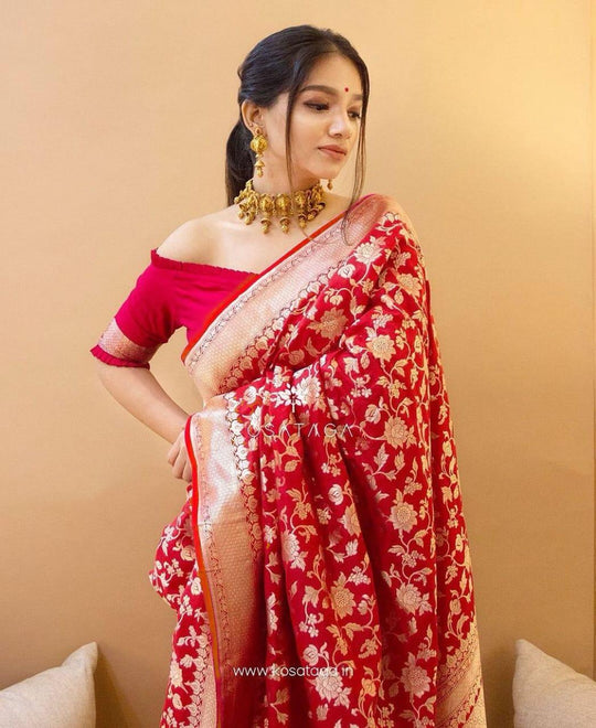 Discover the Charm of Designer Red Soft Banarasi Silk Sarees